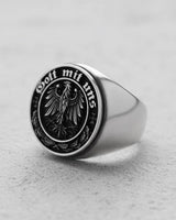 Close-up view of Gott Mit Uns inscription and imperial eagle heraldic design on sterling silver signet ring
