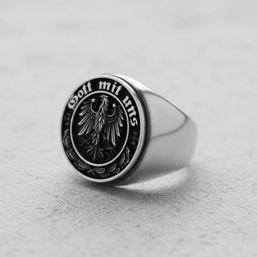 Close-up view of Gott Mit Uns inscription and imperial eagle heraldic design on sterling silver signet ring