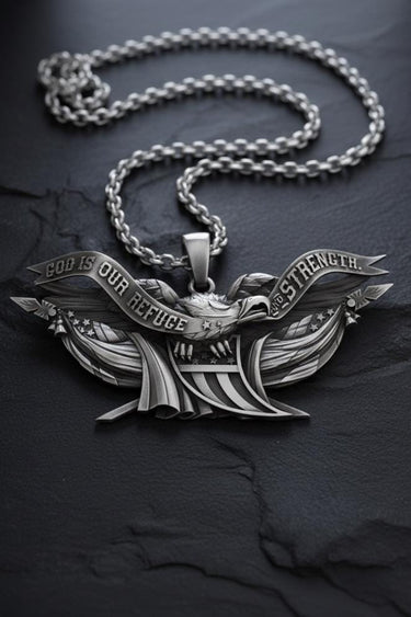 925 sterling silver American eagle pendant with God Is Our Refuge and Strength banners on dark slate background