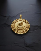 Silver Gadsden pendant with oxidized finish and detailed rattlesnake on matching chain necklace