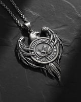 925 sterling silver veteran eagle pendant with United States military text and detailed wing design on dark slate