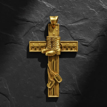 Angled view of veteran memorial cross pendant showcasing three-dimensional boot details and hanging dog tag elements
