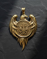 Close-up view of military eagle pendant with three-dimensional wing design and Army seal craftsmanship