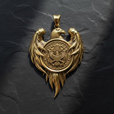 Close-up view of military eagle pendant with three-dimensional wing design and Army seal craftsmanship