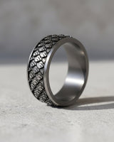 925 sterling silver Japanese pattern ring with traditional scale motifs displayed on concrete surface