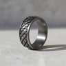 925 sterling silver Japanese pattern ring with traditional scale motifs displayed on concrete surface