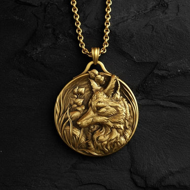 Gold-toned fox pendant necklace featuring wildlife design with chain on textured black stone surface
