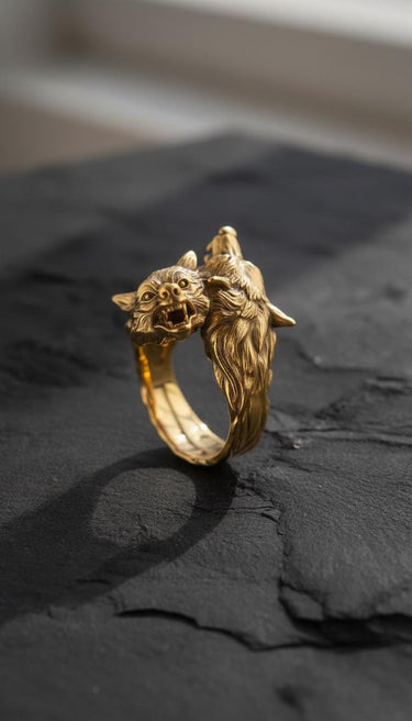 Gold-toned wolf ring close-up displaying intricate metalwork and dual wolf head design on textured background