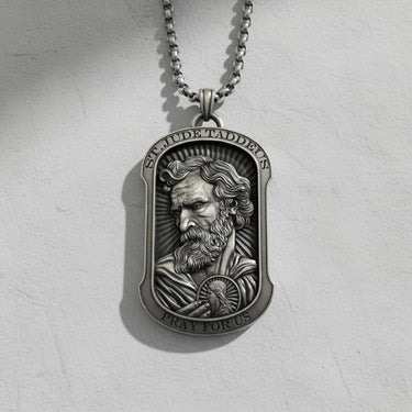 925 sterling silver St. Jude Taddeus pendant with detailed relief on white background showing patron saint design