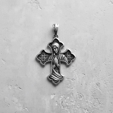 Rose gold plated Virgin Mary cross pendant with detailed Madonna figure on 925 sterling silver base