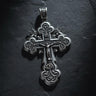 925 sterling silver Orthodox cross pendant with ornate angel details and traditional Russian design on dark slate