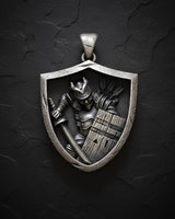 925 sterling silver samurai shield pendant with rose gold finish showing detailed warrior and katana relief carving