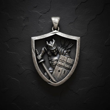 925 sterling silver samurai shield pendant with rose gold finish showing detailed warrior and katana relief carving