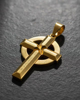 Close-up view of Celtic cross pendant showing intricate geometric pattern and premium gold vermeil finish detail