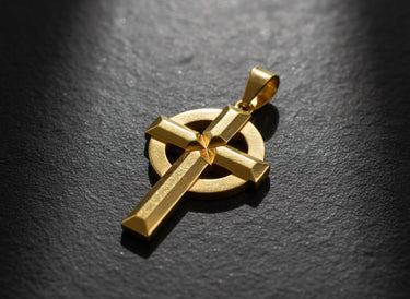 Close-up view of Celtic cross pendant showing intricate geometric pattern and premium gold vermeil finish detail