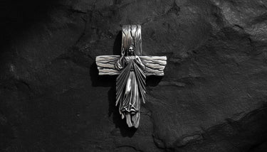 925 sterling silver Jesus cross pendant with rose gold Divine Mercy design on dark slate background