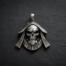925 sterling silver hooded skull pendant with reaper design displayed on dark slate surface with gold chain