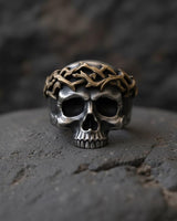 Two-tone 925 sterling silver skull ring featuring gold vermeil thorn crown wreath and oxidized gothic detailing