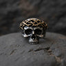 Two-tone 925 sterling silver skull ring featuring gold vermeil thorn crown wreath and oxidized gothic detailing