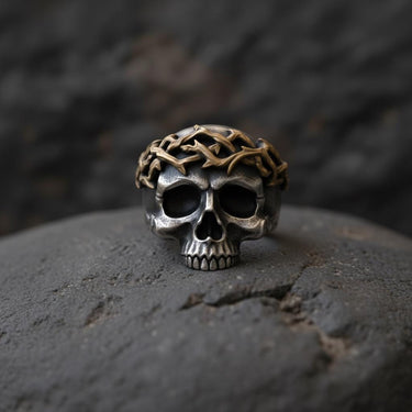 925 sterling silver crown of thorns skull ring with black rhodium plating and intricate thorn details on dark stone surface