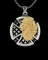 925 sterling silver lion compass pendant with gold vermeil lion profile and decorative cross pattern background