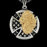 925 sterling silver lion compass pendant with gold vermeil lion profile and decorative cross pattern background