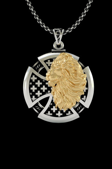 925 sterling silver lion compass pendant with gold vermeil lion profile and decorative cross pattern background