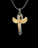 Angled view of the two-tone Silver Egyptian Ankh Pendant, highlighting the detailed feather texture on the golden Isis wings.