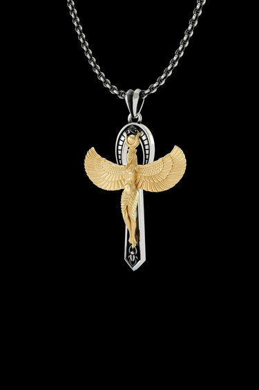 Angled view of the two-tone Silver Egyptian Ankh Pendant, highlighting the detailed feather texture on the golden Isis wings.