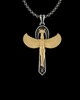 Silver Egyptian Ankh Pendant with gold vermeil Isis wings, shown on a sterling silver chain against a black background.