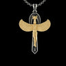Silver Egyptian Ankh Pendant with gold vermeil Isis wings, shown on a sterling silver chain against a black background.