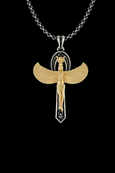 Silver Egyptian Ankh Pendant with gold vermeil Isis wings, shown on a sterling silver chain against a black background.