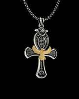 Detailed front view of the Silver Egyptian Ankh Pendant highlighting the oxidized hieroglyphs and polished two-tone finish.