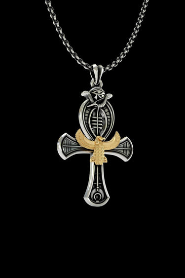 Detailed front view of the Silver Egyptian Ankh Pendant highlighting the oxidized hieroglyphs and polished two-tone finish.