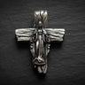 925 sterling silver Virgin Mary cross pendant with gold vermeil finish and detailed wooden texture on dark slate