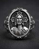 925 sterling silver Jesus ring with detailed Christ portrait and sacred heart halo design on dark background