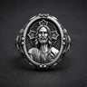 925 sterling silver Jesus ring with detailed Christ portrait and sacred heart halo design on dark background