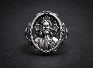 925 sterling silver Jesus ring with detailed Christ portrait and sacred heart halo design on dark background