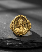Close-up detail of Jesus Christ portrait engraving with intricate facial features on premium sterling silver ring