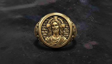 Gold-toned version of sterling silver Jesus Christ ring displaying sacred heart Catholic design detail