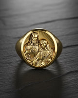 925 sterling silver Sacred Hearts ring with Jesus Christ and Virgin Mary relief design in gold finish