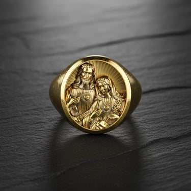 925 sterling silver Sacred Hearts ring with Jesus Christ and Virgin Mary relief design in gold finish