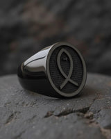 Rose gold Christian fish ring with detailed Ichthys symbol engraving on premium 925 sterling silver base
