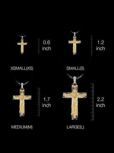 Size comparison chart for the two-tone silver crucifix pendant, showing XS, S, M, and L options from 0.6 to 2.2 inches.
