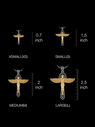 Size comparison chart for the Egyptian cross pendant, showing XSmall, Small, Medium, and Large options from 0.7 to 2.5 inches.