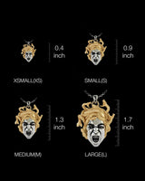 Size comparison chart showing four different Medusa pendant sizes from 0.4 to 1.7 inches with detailed craftsmanship