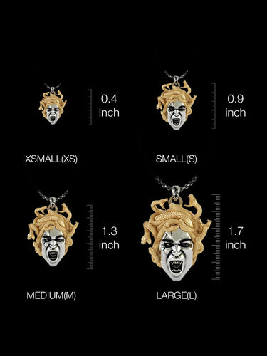 Size comparison chart showing four different Medusa pendant sizes from 0.4 to 1.7 inches with detailed craftsmanship