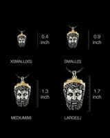 Four size options of Zeus pendant displaying 0.4 to 1.7 inch measurements with detailed craftsmanship
