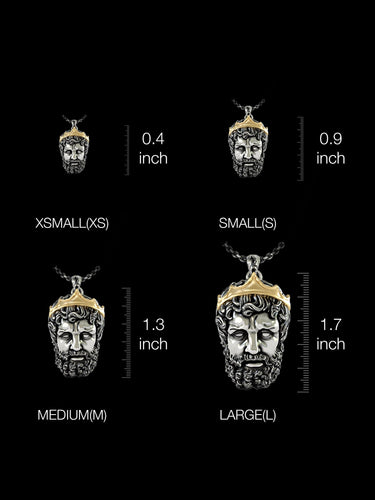 Four size options of Zeus pendant displaying 0.4 to 1.7 inch measurements with detailed craftsmanship