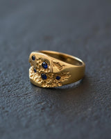 Handcrafted Sapphire Signet Ring, side angle view of the 14K gold vermeil version showing the cratered band detail.